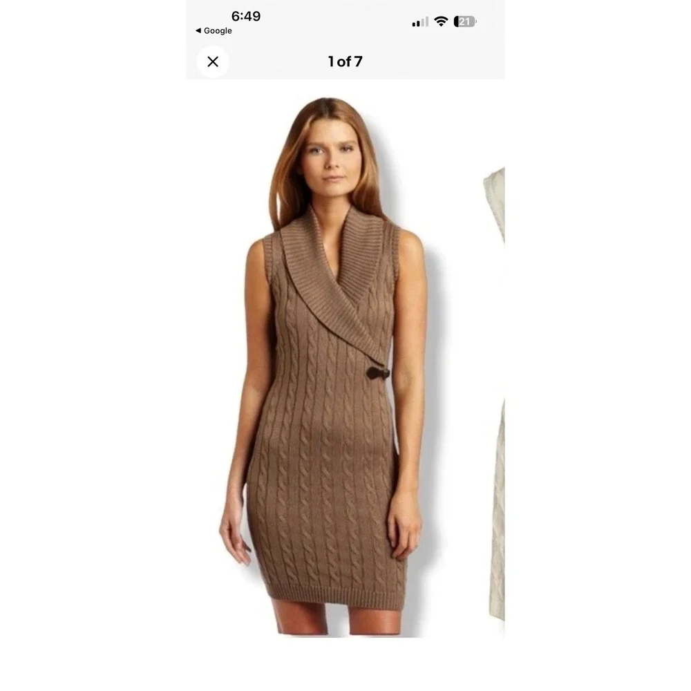 Calvin‎ Klein Ivory Sleeveless Cable knit Sweater Dress Large Shawl Collar NEW